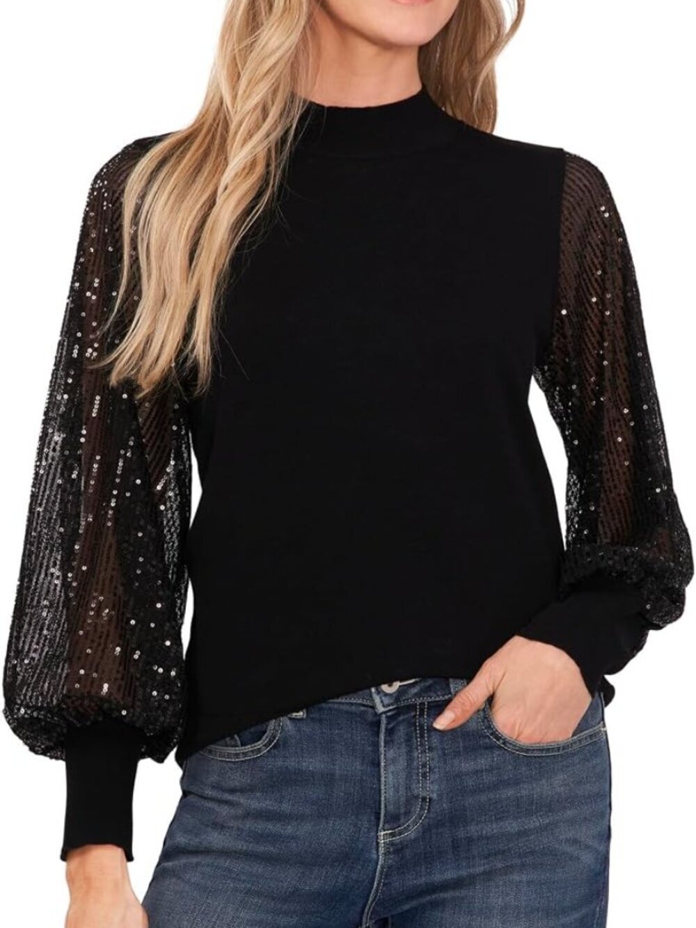 CeCe Sheer-Sequin-Sleeve Mock-Neck Cotton Sweater Rich Black - Size XS (NWOT)